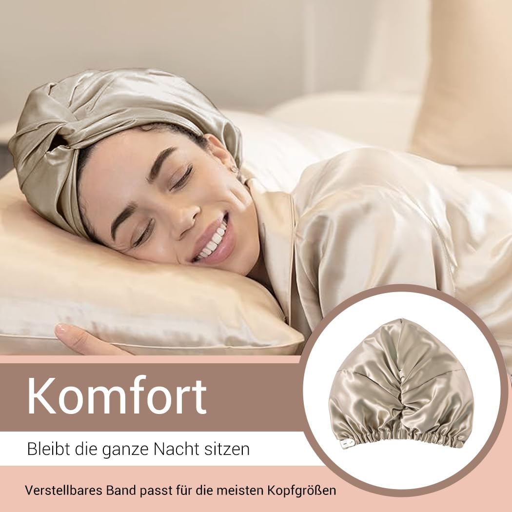 ‌LaCourse Rutschfeste Verstellbare Echte 22 Momme 100% Maulbeerseiden-Seidenhaube zum Schlafen, Dopp