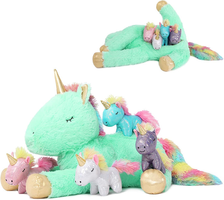 MorisMos Einhorn Kuscheltier gross, 55cm riesen Einhorn Mama mit Babys im Bauch, grosses Plüschtier
