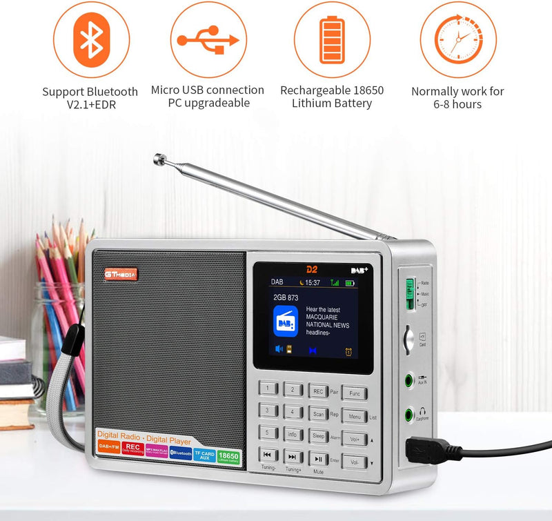 Tragbares DAB Radio,Bluetooth Radio,Küchenradio mit Kabel oder Batteriebetriebenes Radio, 2.4&