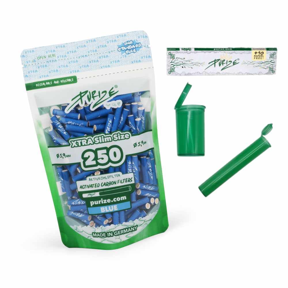 PURIZE 250 Stück Xtra Slim Size 6mm (5,9mm) Aktivkohlefilter mit 2 Keramikkappen inkl. Joint Tube, P