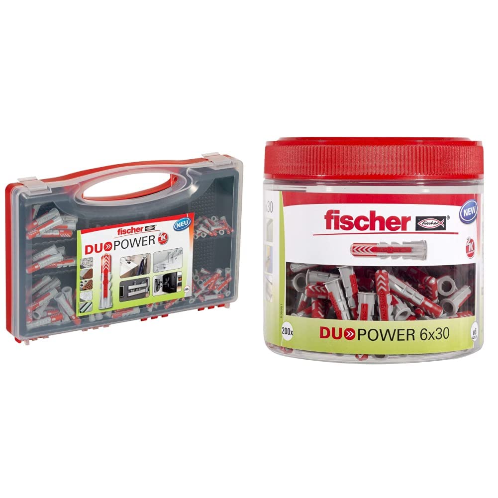 fischer RED-BOX DUOPOWER, Sortimentbox mit 280 DUOPOWER Dübeln & DUOPOWER 6 x 30, handliche Runddose