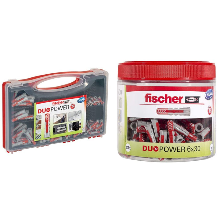 fischer RED-BOX DUOPOWER, Sortimentbox mit 280 DUOPOWER Dübeln & DUOPOWER 6 x 30, handliche Runddose