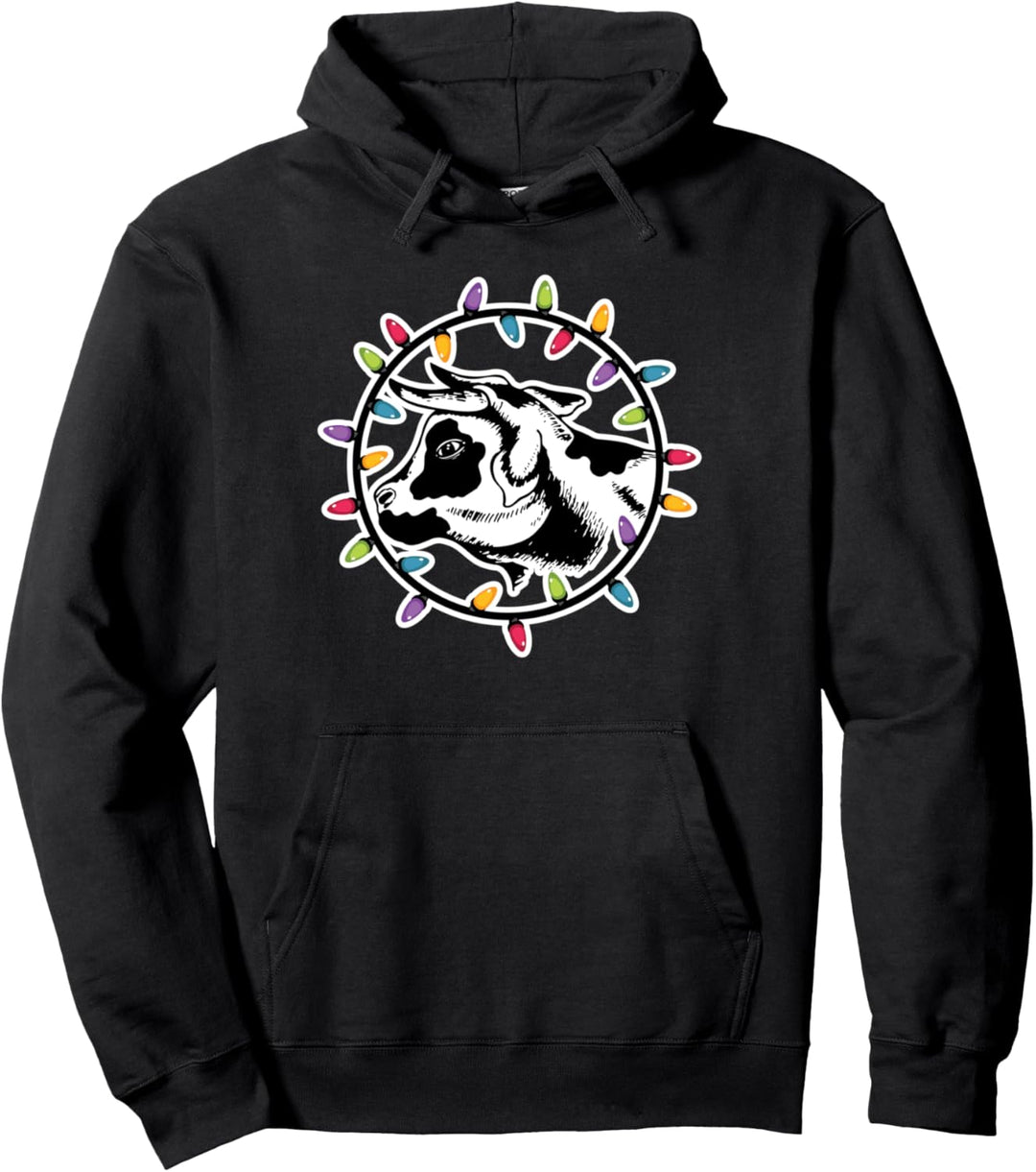 Weihnachtskuh eingewickelt in farbige Lichterketten Pullover Hoodie