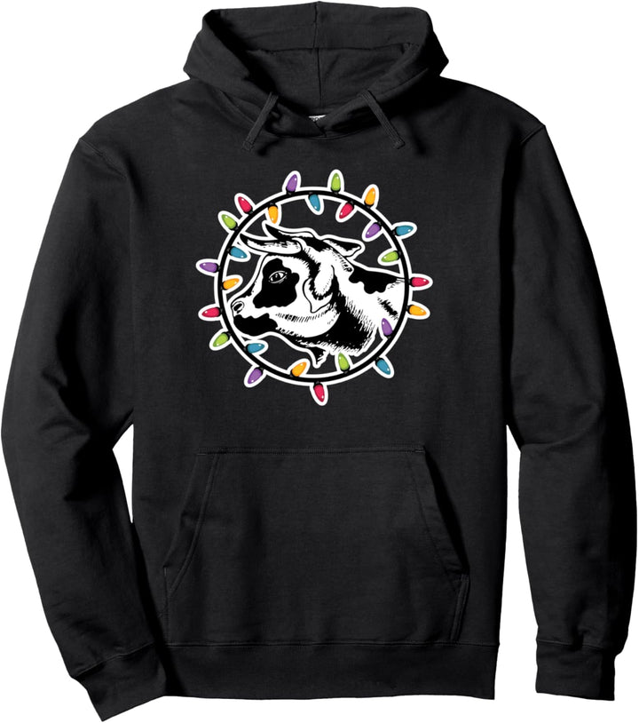 Weihnachtskuh eingewickelt in farbige Lichterketten Pullover Hoodie