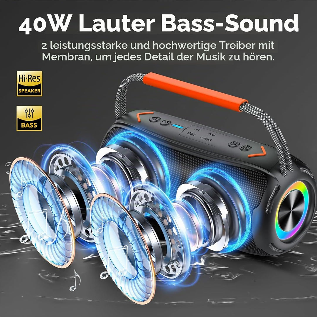 Tragbarer Bluetooth Lautsprecher mit Griff, 40W Leistungsstarker Musikbox mit Dualen Bass-Treibern,