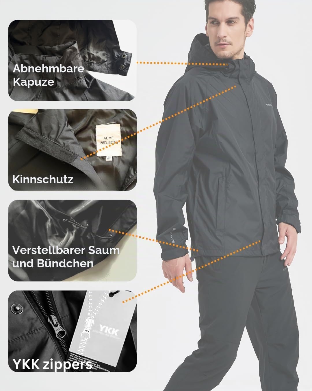 Acme Projects Regenanzug (Jacke + Hose), 100% wasserdicht, atmungsaktiv, 10000 mm / 3000 g, YKK-Reis