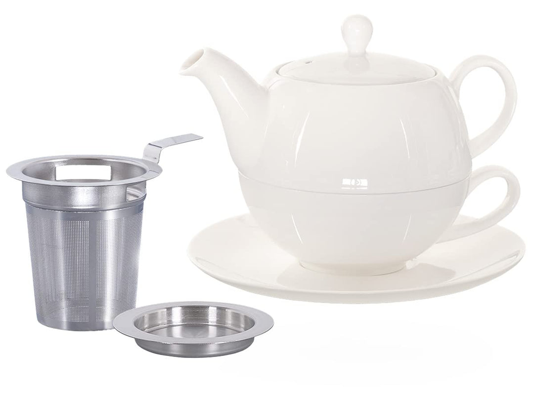 Tea for One mit Sieb Lena 500ml aus Crystal Bone China Porzellan in weiss. Teekanne + Teetasse + Unt