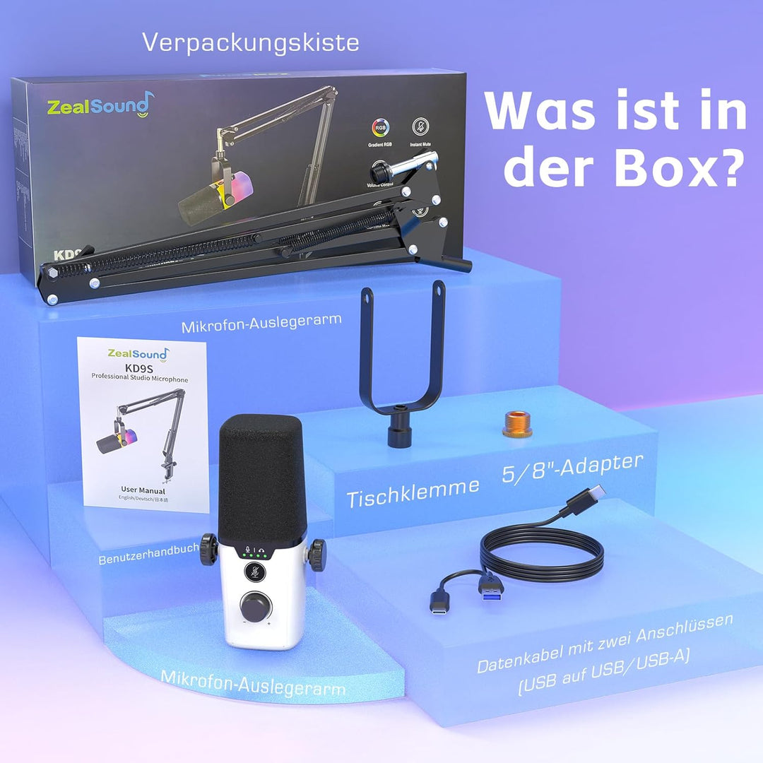 zealsound USB Gaming Mikrofon PC mit Arm – 192kHz Kondensatormikrofon mit Noise Cancelling, Stummsch