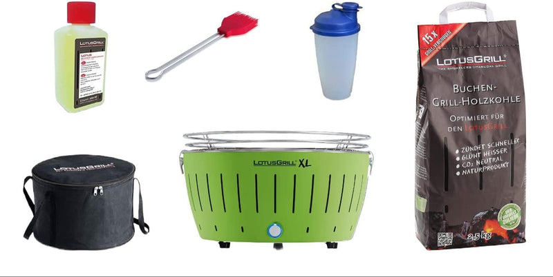 LotusGrill XL Starter-Set 1x XL Grill Limettengrün mit USB-Anschluss, 1x Buchenholzkohle 2,5 kg, 1x