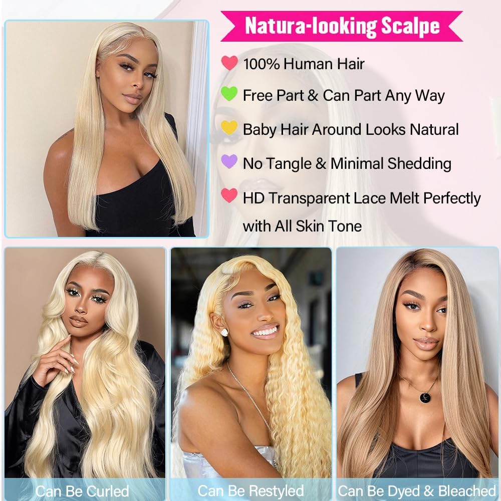 Echthaar Perücke Blonde 180% Density Schwarz Frauen 13x6 HD Straight Lace Front Wig 613 Farbe Transp