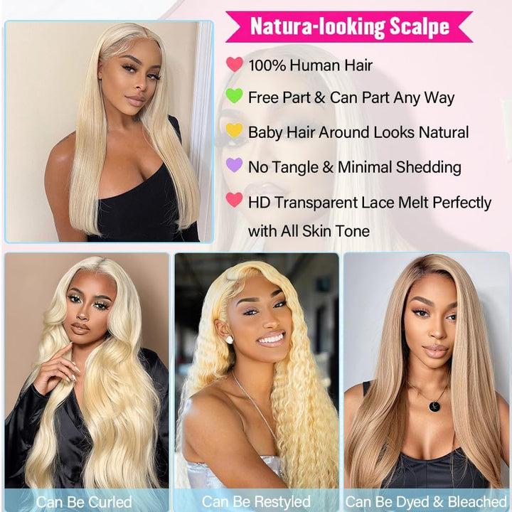 Echthaar Perücke Blonde 180% Density Schwarz Frauen 13x6 HD Straight Lace Front Wig 613 Farbe Transp