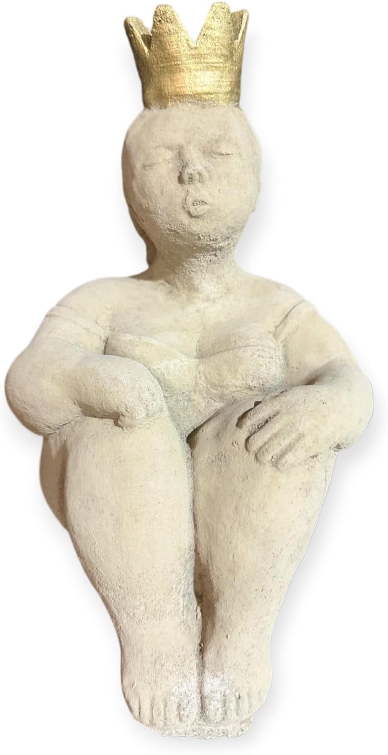OriginalPaul Skulp &amp; Betondesign Sitzende Prinzessin mit grosser Goldener Krone als robuste Steinfig