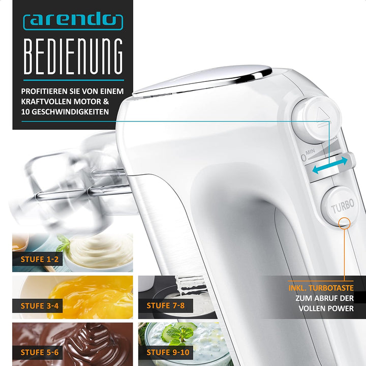 Arendo - Elektrischer Handmixer Handrührer 500 W - inkl. 2 Rührbesen und 2 Knethaken aus Edelstahl –