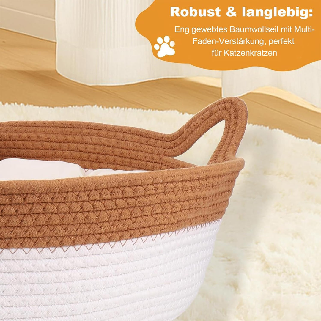 Katzenbett mit Seilball, 46x46x16 cm Rundes Katzenkorb aus Baumwollseilen, Atmungsaktiv Waschbar Dri