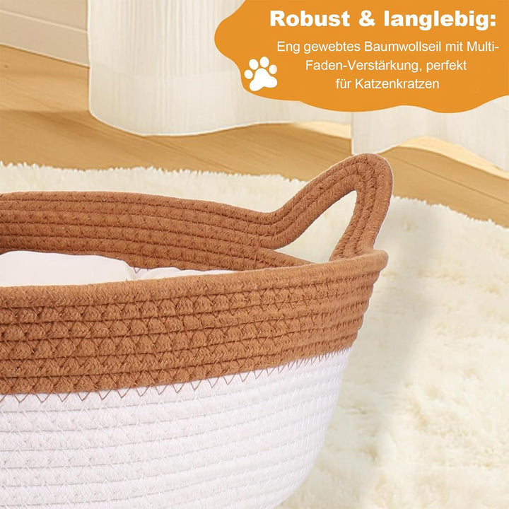Katzenbett mit Seilball, 46x46x16 cm Rundes Katzenkorb aus Baumwollseilen, Atmungsaktiv Waschbar Dri