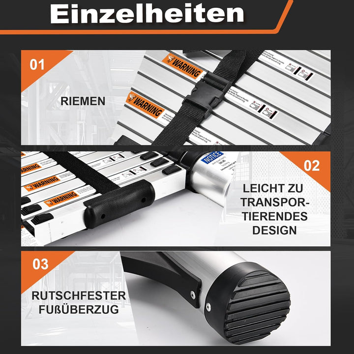 3,8mTeleskopleiter mit Haken, HBTower Leichte Ausziehleiter, Leiter Ausziehbar, klappbare Leiter für