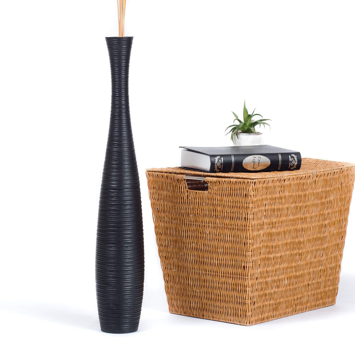Leewadee Grosse Bodenvase für Dekozweige hohe Standvase Design Holzvase, Holz, 70 cm, Schwarz 70 cm