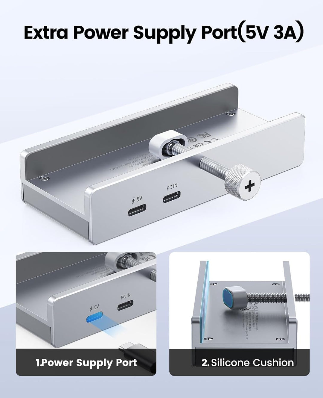 ORICO USB Hub, Aluminum USB 3.0 Hub Clip mit 5V Stromversorgungsanschluss, 5Gbps 4 Port USB Verteile
