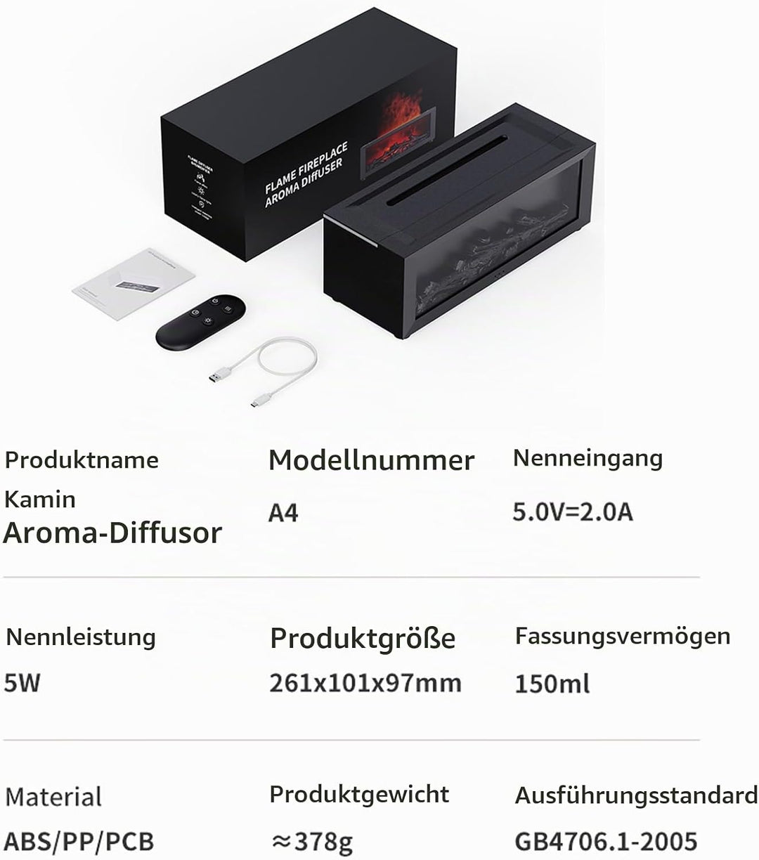 Diffusor LED Kamin Aroma Luftbefeuchter mit Fernbedienung, Dynamischem Flammeneffekt, 150ml Öl Aroma
