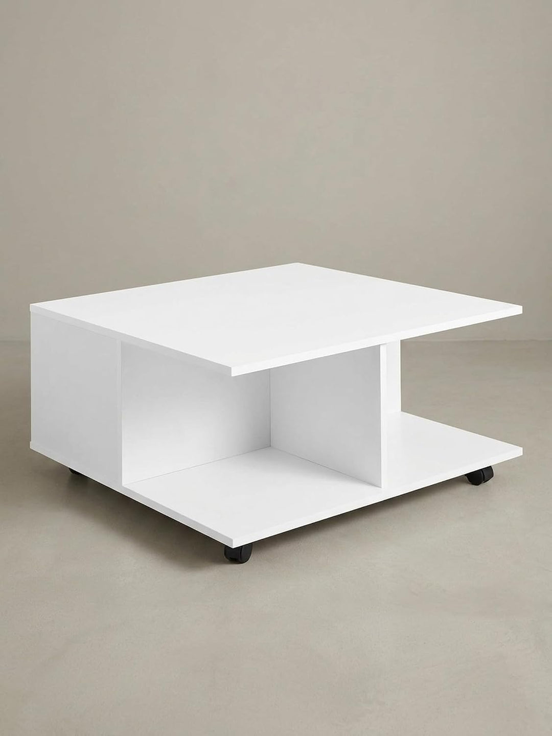 Couchtisch RAPIDO: 70x70x36,5 cm, 2 Schubladen, Rollen, Melaminharzbeschichtung, Weiss/Anthrazit Far