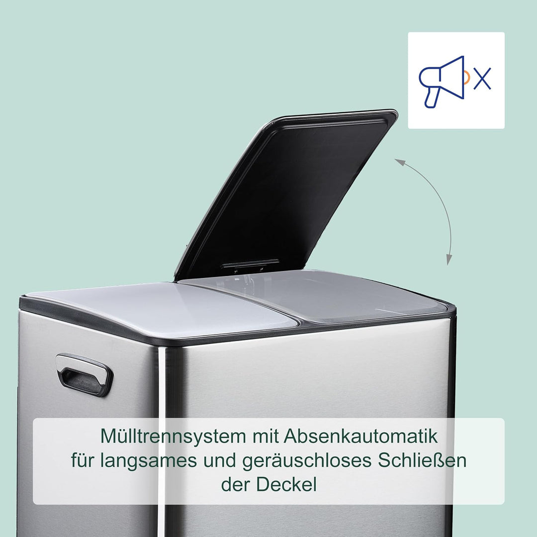Relaxdays Mülleimer, 2 Fächer, je 15 l, entnehmbare Inneneimer, Fusspedal, Küche, Tretmülleimer, Eis