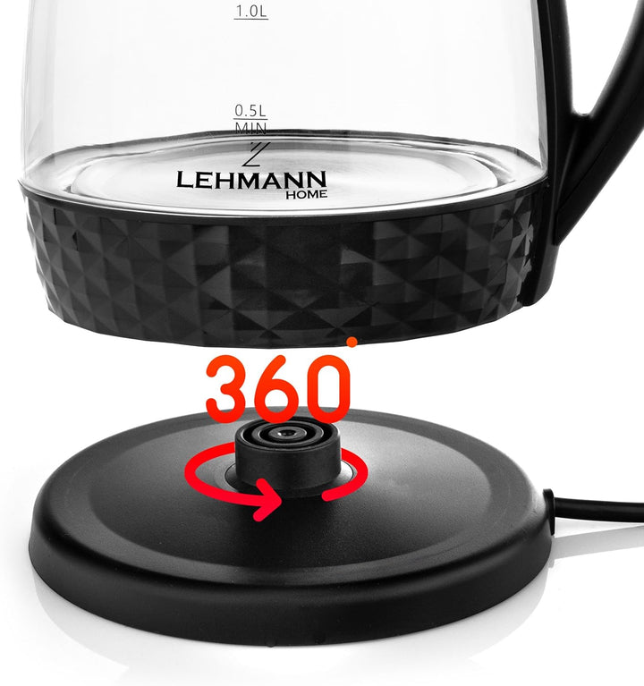 Lehmann LHOEK-2220C Glas-Wasserkocher für die Küche 2L, 2200W elektrischer Wasserkocher aus Glas, Wa