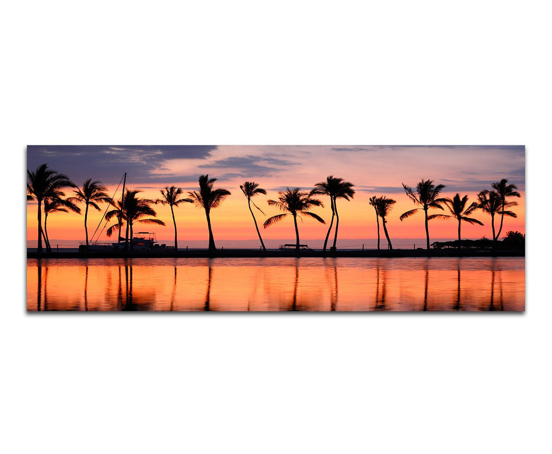 Panoramabild auf Leinwand und Keilrahmen 120x40cm Hawaii Strand Meer Palmen Sonnenuntergang
