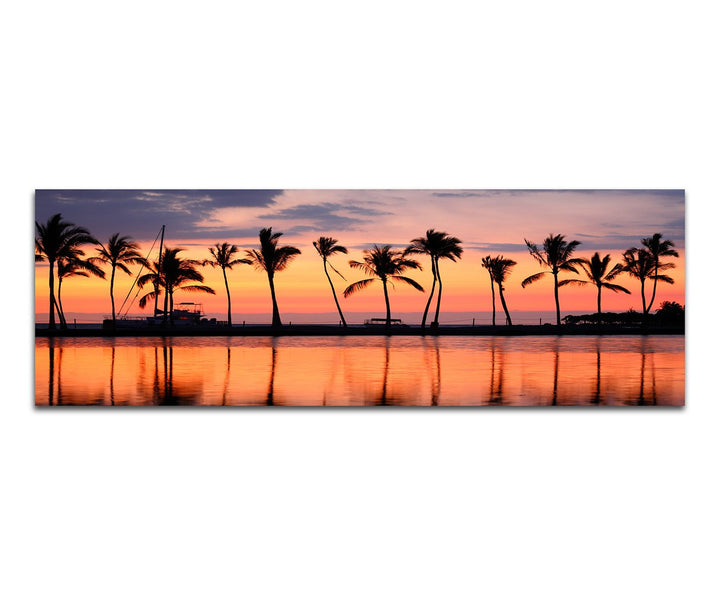 Panoramabild auf Leinwand und Keilrahmen 120x40cm Hawaii Strand Meer Palmen Sonnenuntergang