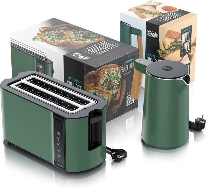 Arendo - Küchen Set - Edelstahl Wasserkocher mit Temperatureinstellung - Edelstahl Toaster Langschli
