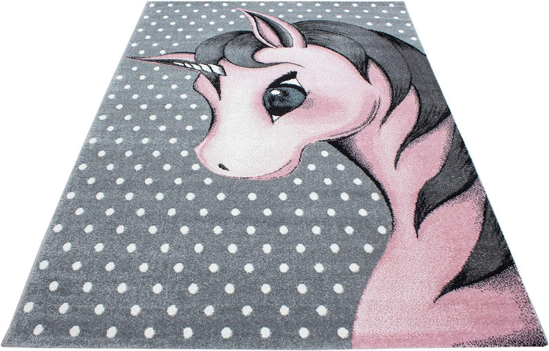 HomebyHome Kinderteppich Kurzflor Einhorn Design Rosa 160 cm Rund- Teppich Kinderzimmer Mädchen Extr