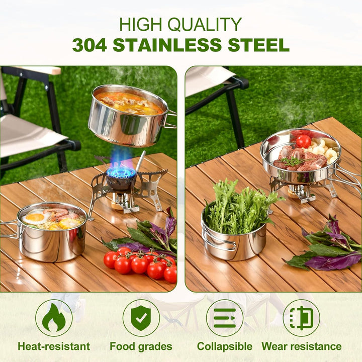 Camping Kochgeschirr Set，Camping Geschirr Set 304 Edelstahl Kochtopf mit Pfanne Outdoor Kochgeschirr