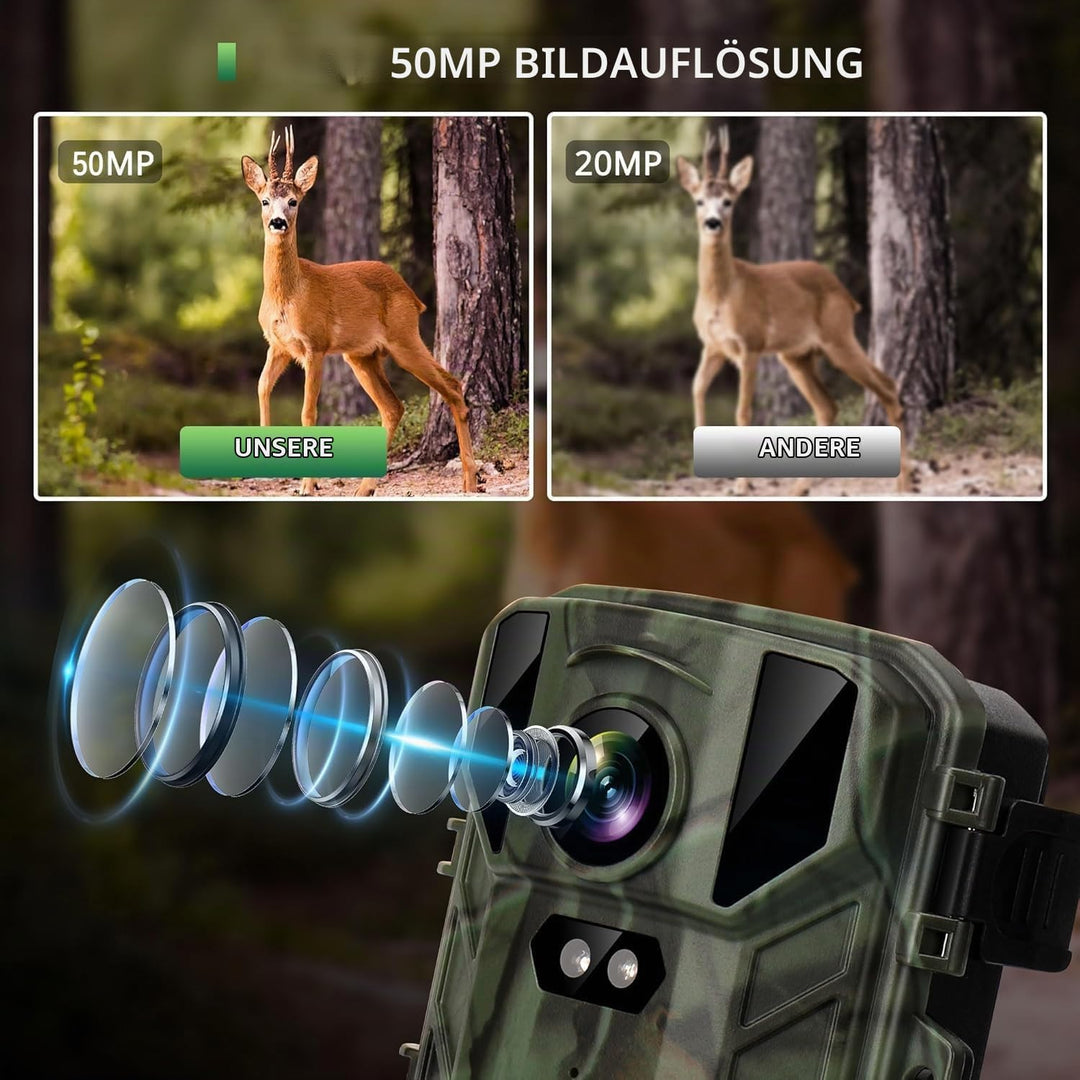 Mini Wildkamera 4K 50MP, Wildtierkamera mit Nachtsicht Bewegungsmelder 850 IR LEDs, 0,2s Schnelle Tr