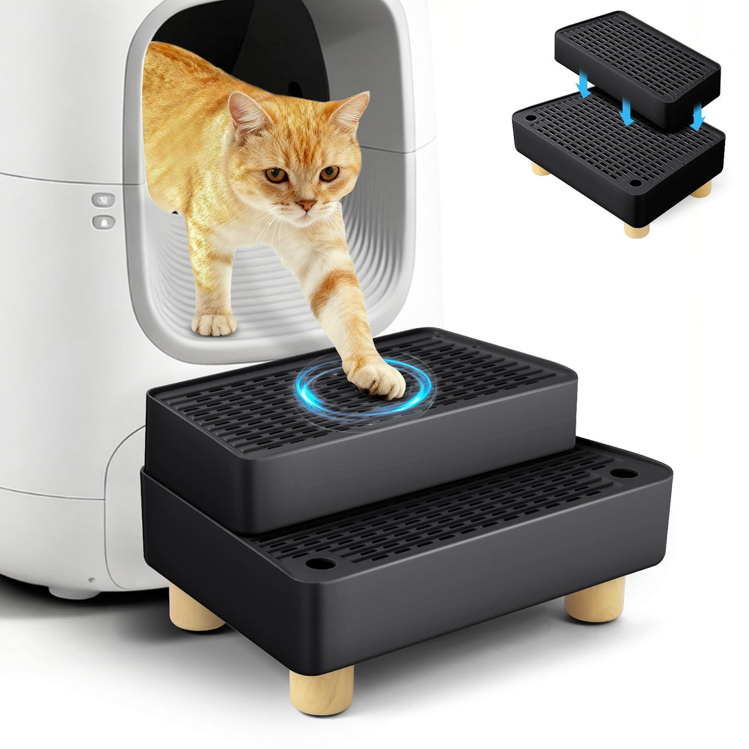 Verstellbare 2-stufige Katzentoilettenrampe, Katzen Treppen & Stufen mit Holzfüsse Filterfunktion, l