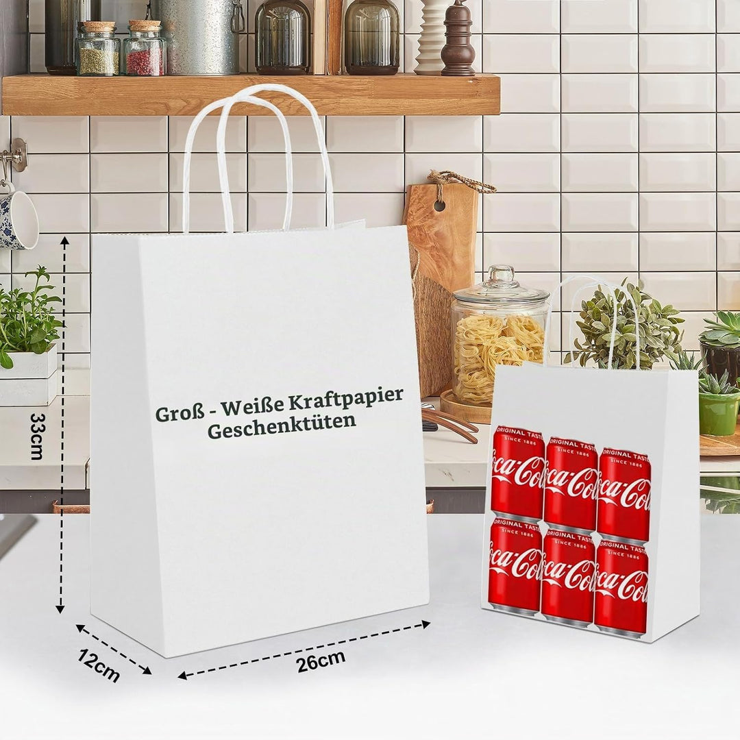 Gucass 50 Stück Gross Papiertüten mit Henkel, Weiss Kraft Papiertaschen Geschenktüten, 26x12x33cm Pa