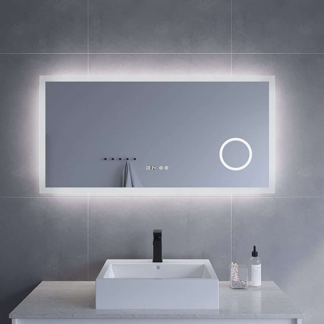 Badezimmerspiegel mit Licht Schminkspiegel Digital Uhr 120x60 cm Badspiegel mit LED Beleuchtung Kalt