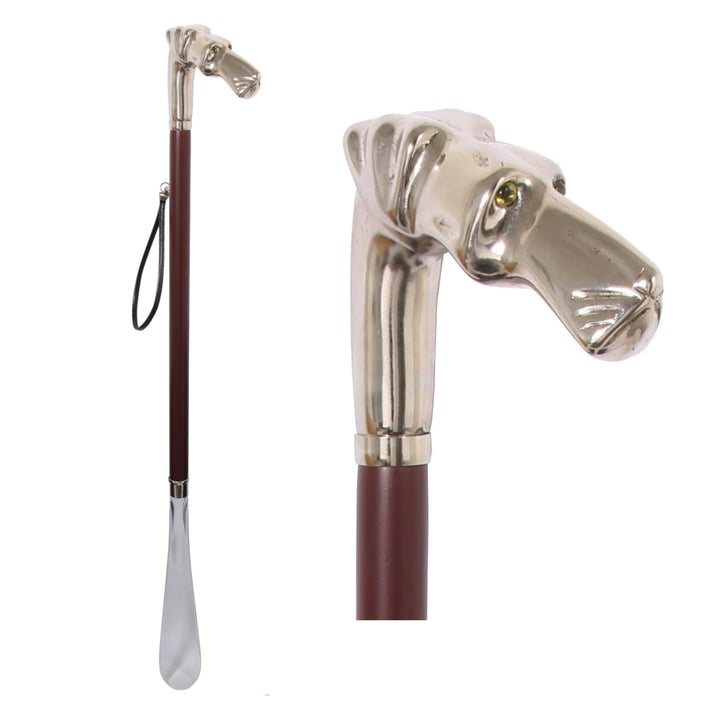DELFA Design Schuhanzieher Schuhlöffel 70 cm mit Hundekopf als Griff - brauner Holzschaft mit Schlau