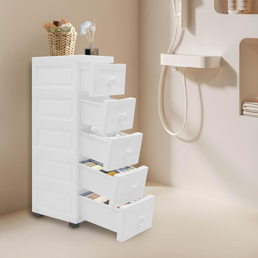 Schmaler Schubladenschrank Mit 5 Schubladen, 25 cm Breiter Aufbewahrungsschrank Aus PP Mit Rollen, W