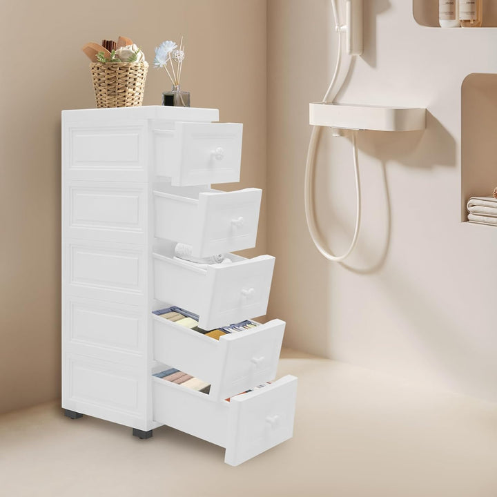 Schmaler Schubladenschrank Mit 5 Schubladen, 25 cm Breiter Aufbewahrungsschrank Aus PP Mit Rollen, W