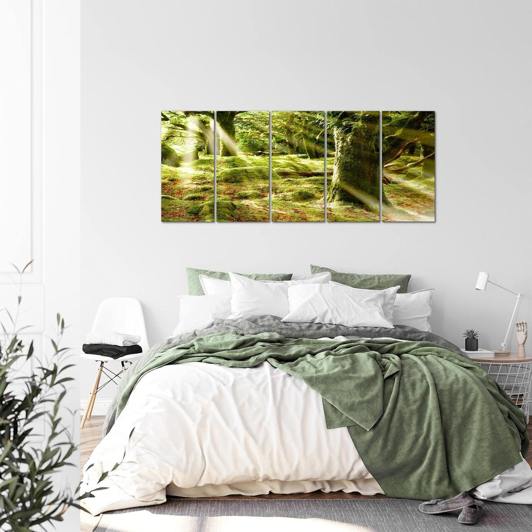 Runa Art Wandbild XXL Wald Landschaft Schlafzimmer Wohnzimmer 200 x 80 cm Grün 5 Teilig - Made in Ge
