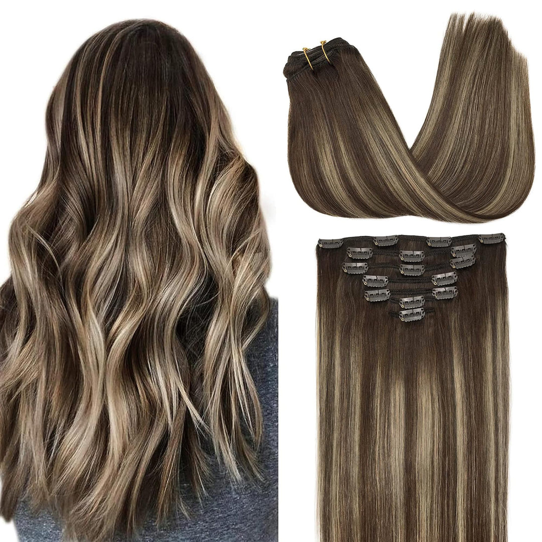 GOO GOO Clip in Extensions Echthaar, Echthaar Extensions Clip, 35cm 120g 7pcs, Extensions Echthaar,