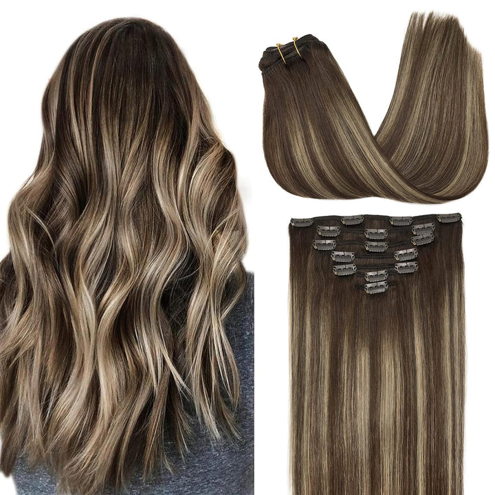 GOO GOO Clip in Extensions Echthaar, Echthaar Extensions Clip, 35cm 120g 7pcs, Extensions Echthaar,
