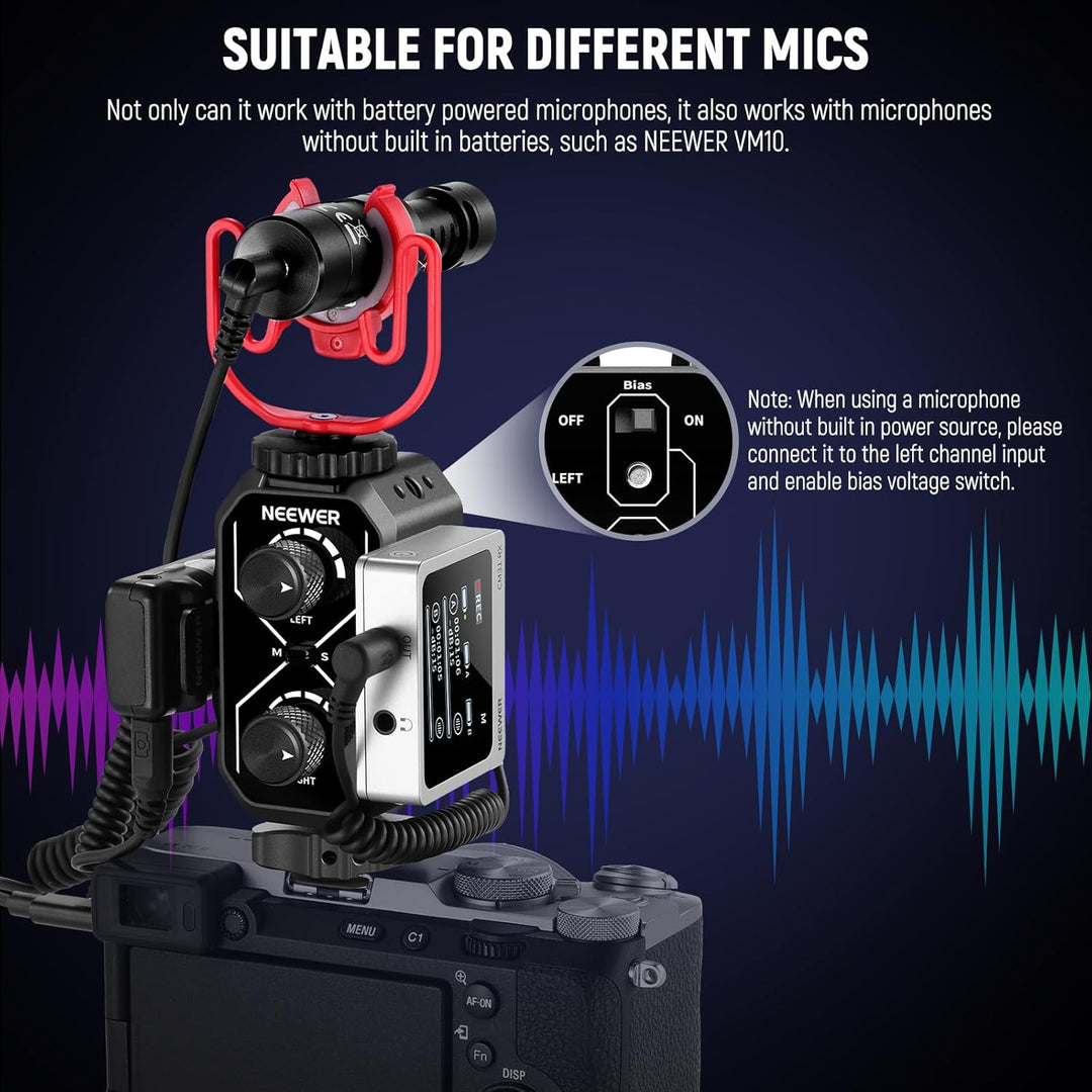 NEEWER MM02 Zweikanal Mikrofon Audiomixer Adapter mit 3,5mm TRS Kabel, Stereo und Mono Schalter, Col