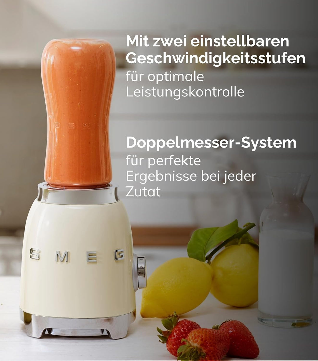 Smeg, Personal Blender PBF01PBEU, 2 Geschwindigkeitsstufen, Doppelklinge aus Edelstahl, 2 x 600 ml F