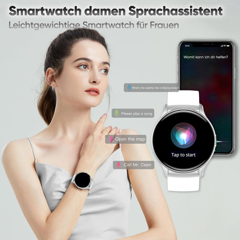 Dachma Amoled Smartwatch Rund - Android Damen mit Whatsapp Funktion Telefonfunktion Silber Telefonie