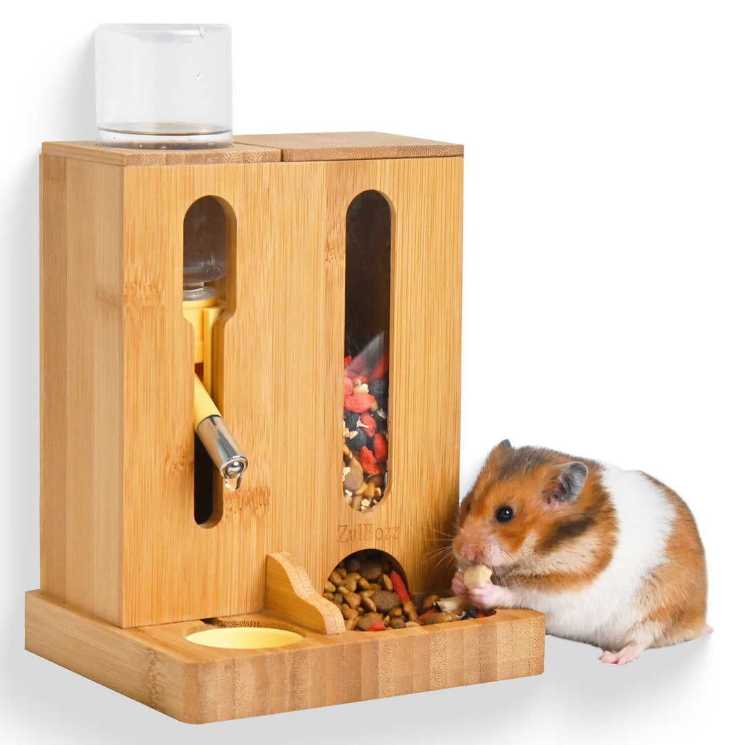 Verstellbare Hamster Futterstation aus Bambus, 2-in-1 Futternapfhalter mit Wasserflaschenständer, fü