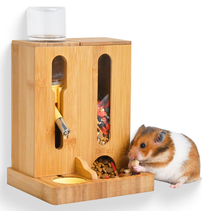 Verstellbare Hamster Futterstation aus Bambus, 2-in-1 Futternapfhalter mit Wasserflaschenständer, fü