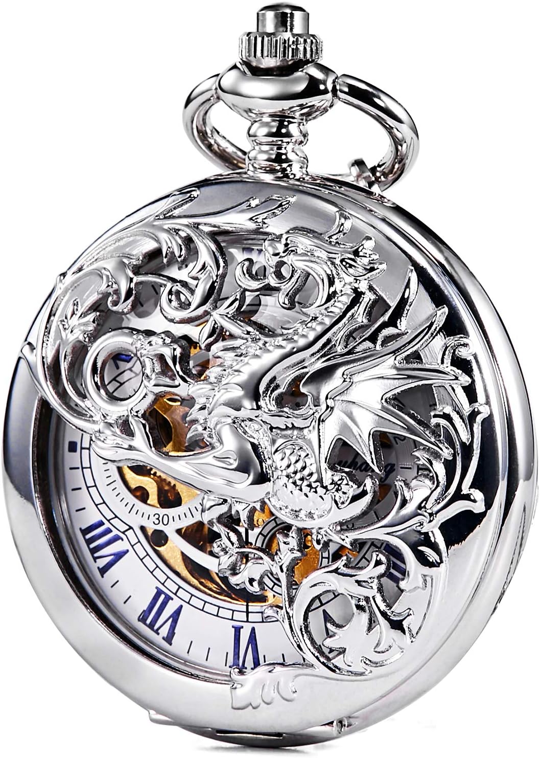 TREEWETO Herren Antik Bronze/Silber Drache Mechanische Skelett Taschenuhr für Damen mit Kette 4. Sil