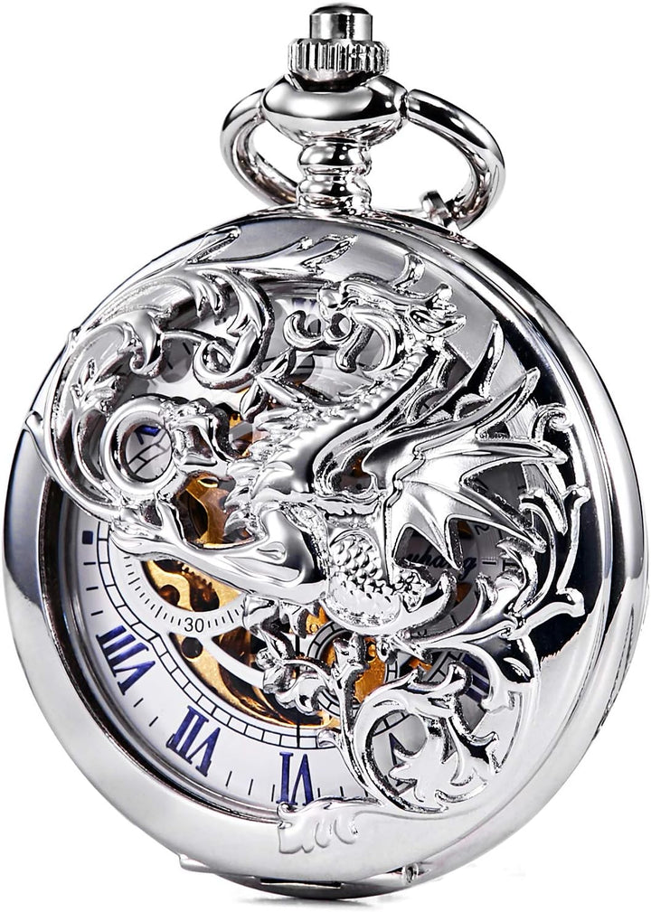 TREEWETO Herren Antik Bronze/Silber Drache Mechanische Skelett Taschenuhr für Damen mit Kette 4. Sil