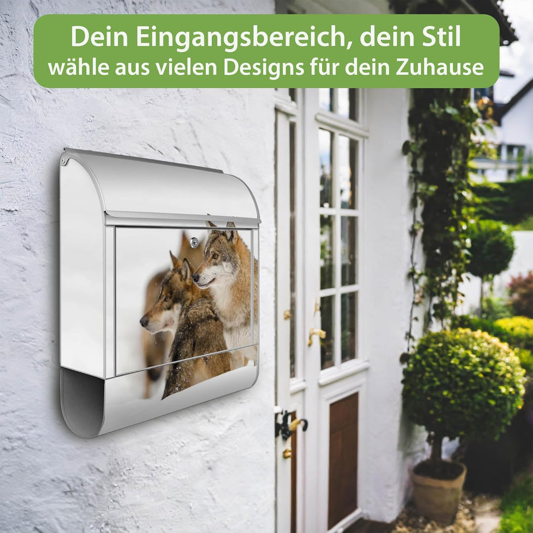 banjado® Design Briefkasten mit Motiv Wölfe 39x47x14cm &amp; 2 Schlüssel - Briefkasten Stahl Silber mit