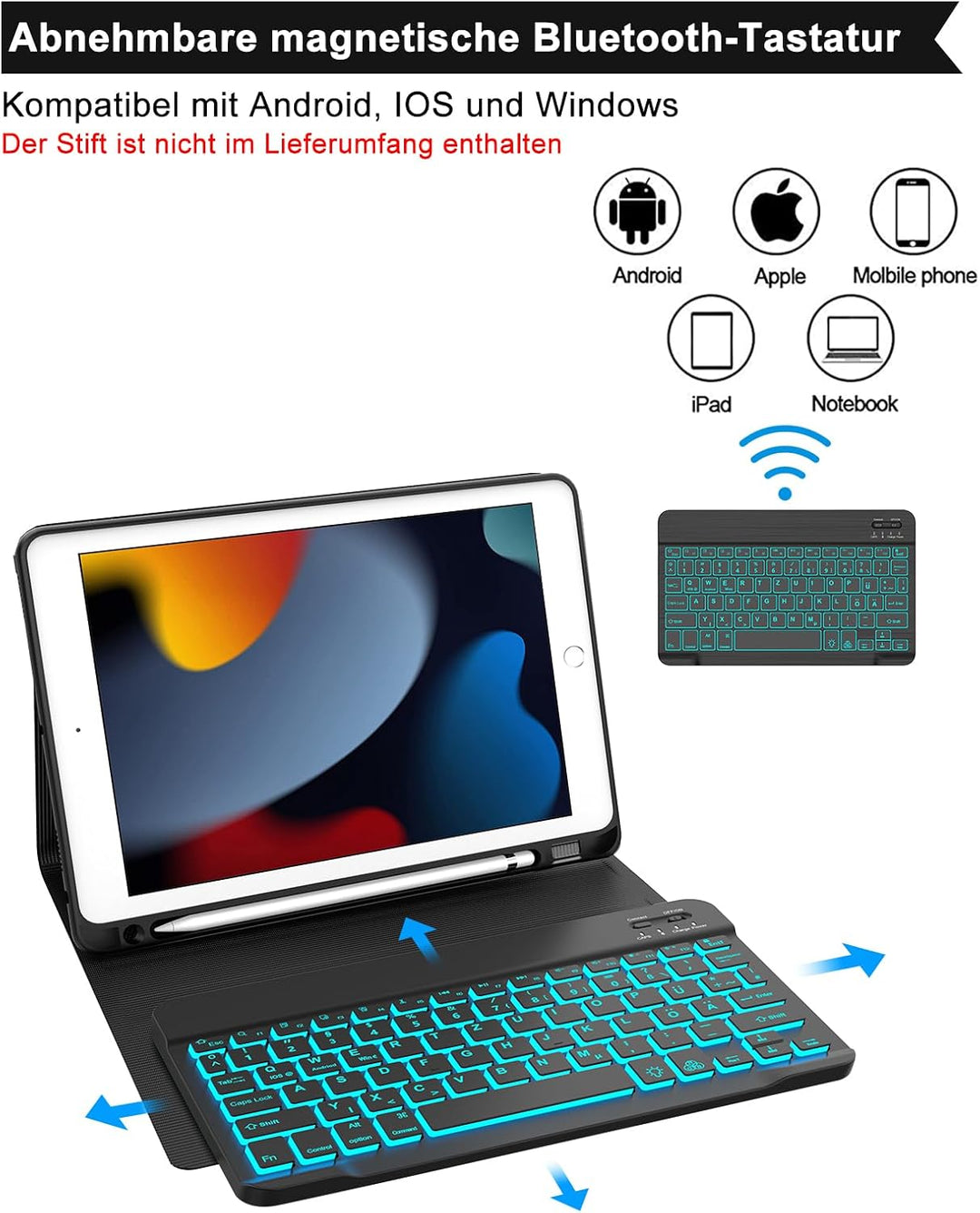 SENGBIRCH iPad 9 Generation hülle mit Tastatur - Beleuchtete Tastatur (QWERTZ Layout) mit Stifthalte